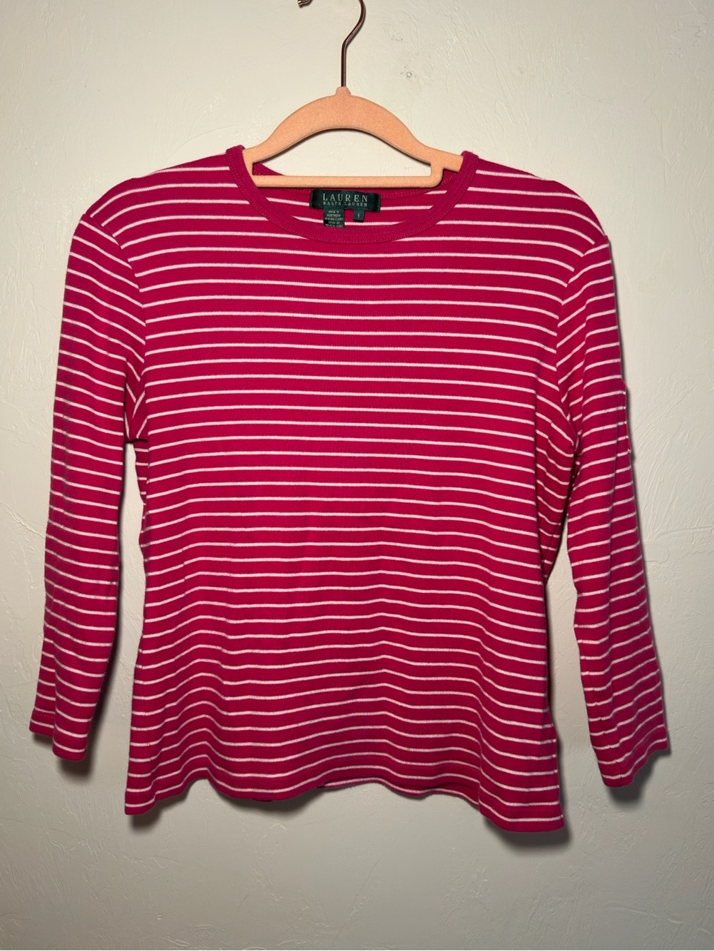 Lauren Ralph Lauren Fuchsia and White Striped Long Sleeve Crewneck SMALL
